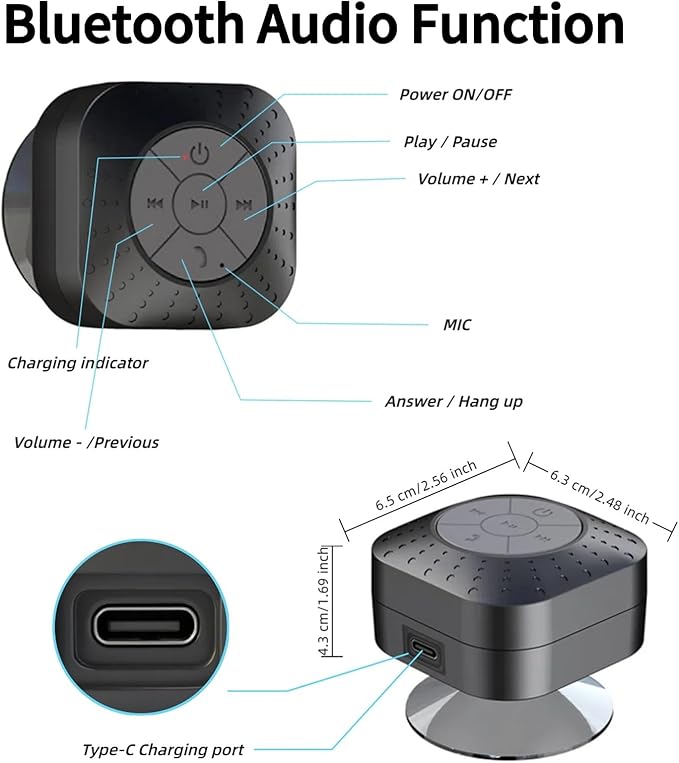 Densleonis Bluetooth Shower Speaker - Mini Wireless Water-Resistant Speaker with Suction Cup of Bathroom Speaker Small Gift for Kids, Black
