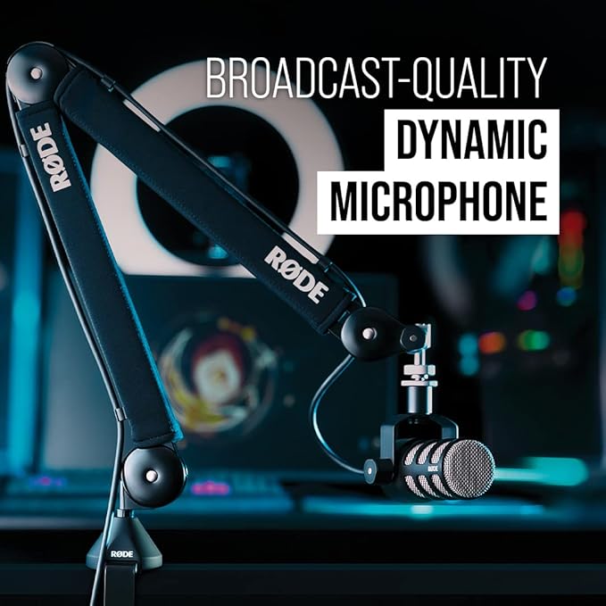 RØDE PodMic Cardioid Dynamic Broadcast Microphone with Integrated Swing Mount for Podcasting, Streaming, Gaming, and Voice Recording, Black