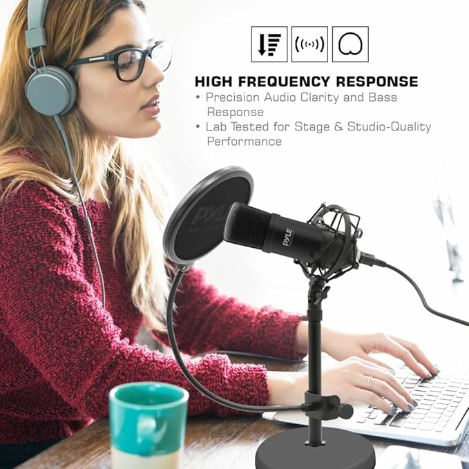 USB Microphone Podcast Recording Kit - Audio Cardioid Condenser Mic w/Desktop Stand and Pop Filter - for Gaming PS4, Streaming, Podcasting, Studio, YouTube, Works w/Windows Mac PC - Pyle PDMIKT120