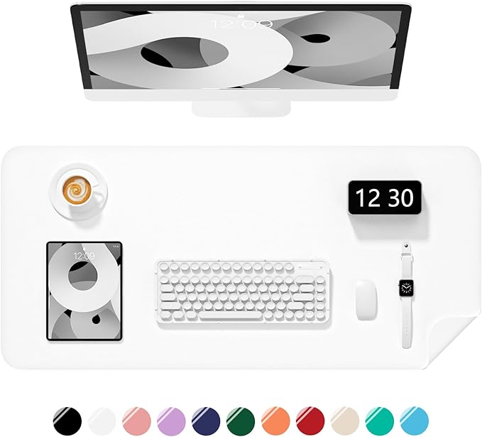 Desk Pad, 30" x 14" PU Leather Non-Slip Desk Mat Large Mouse Pad for Desktop, Waterproof Laptop Computer Writing Mat for Office, Home, Work, Gaming, White