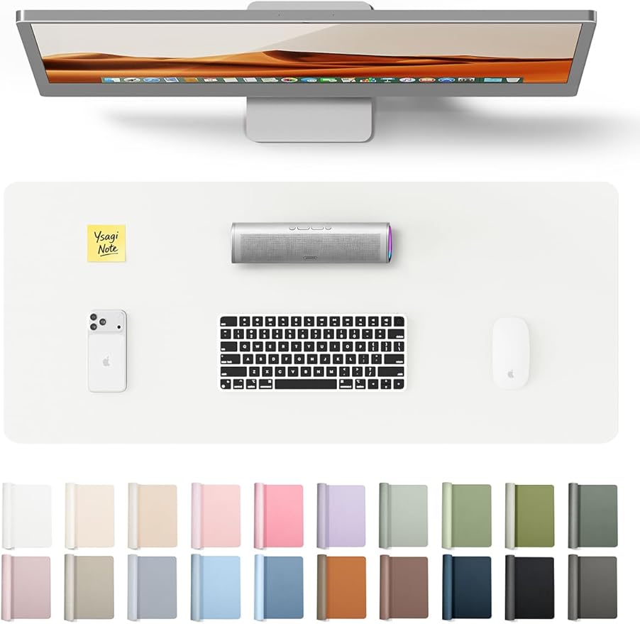YSAGi Leather Desk Protector, Office Mat, Large Mouse Mat, Non-Slip PU Leather Blotter, Laptop Desk, Waterproof Writing Pad for Office and Home (White, 23.6" x 13.8")