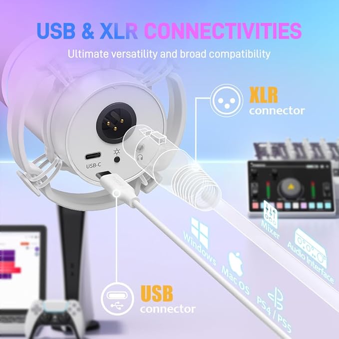 MAONO XLR/USB Dynamic Microphone, RGB Gaming Mic with Software, Mute, Gain Knob, Volume Control and Headphone Jack for Streaming, Podcasting, Recording-PD200X (White)