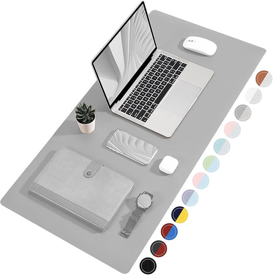 TOWWI Dual Sided Desk Pad, Large Desk Mat, Waterproof Desk Blotter Protector Mouse Pad, Leather Desk Pad Large for Keyboard and Mouse (24" x 14", Gray/Sliver)