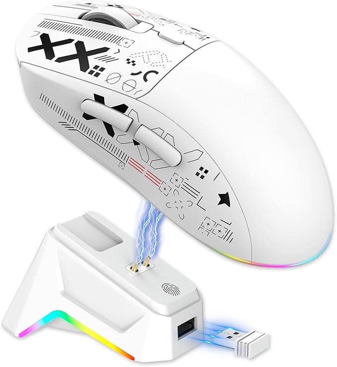Wireless Gaming Mouse RGB Light, 3 Mode Wired 2.4G BT5.3 12000 DPI 7 Programmable Buttons, Magnetic Charging Dock for PC Laptop Gaming (White)