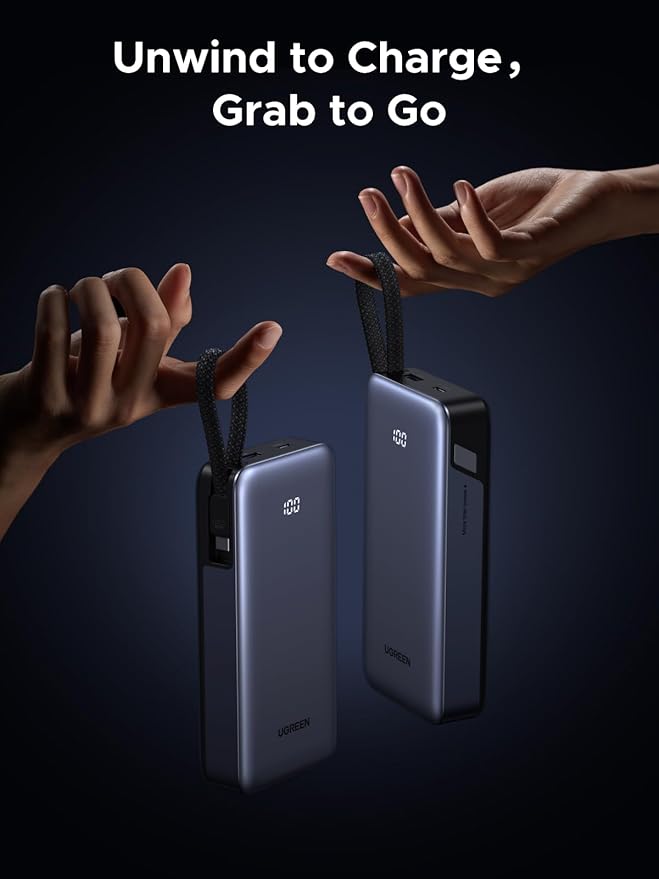 UGREEN Nexode Power Bank 20000mAh 45W with Built-in Cable, Fast Charging Portable Charger for iPhone 17 Pro/Samsung S26 Ultra/iPad Pro, 3-Port External Battery Pack with Digital Display, Travel Ready