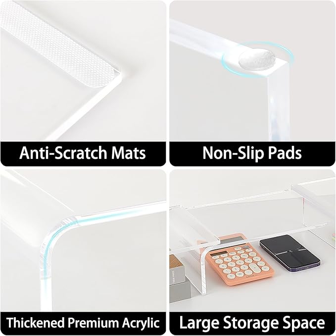 LEKETREE Acrylic Monitor Stand , Clear Monitor Stand for Desk, Computer Accessories for Home Office, Desk Organizer Shelf for Laptop, PC, Multi Media and more
