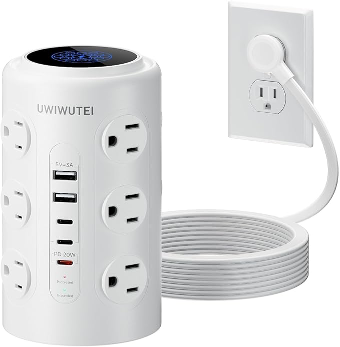 Tower Power Strip with 1 Dedicated PD 20W Fast-Charging Port, 12 Outlets, 5 USB Ports (3 USB-C), 1800J Protector, Desk Charging Station for Multiple Devices,10FT Extension Cord, Home Office Essentials