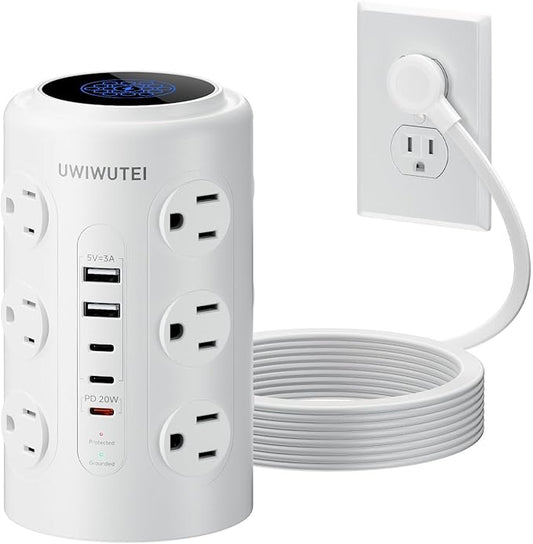 Tower Power Strip with 1 Dedicated PD 20W Fast-Charging Port, 12 Outlets, 5 USB Ports (3 USB-C), 1800J Protector, Desk Charging Station for Multiple Devices,10FT Extension Cord, Home Office Essentials