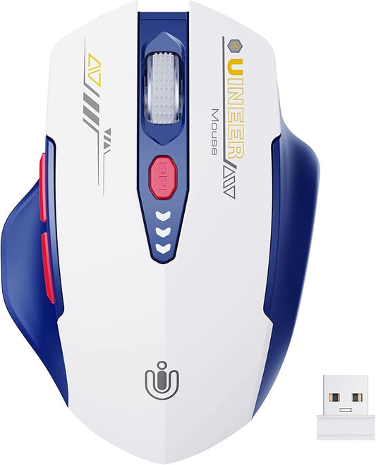 Uineer Wireless Mouse, [Upgraded] Visible Battery Display???Rechargeable Laptop Mice 2.4G USB, 4 Adjustable DPI Levels,Optical Rat??n Wireless for Laptop PC Computer,White and Blue