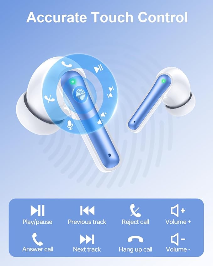 Wireless Earbuds, Bluetooth Ear Buds Headphones, 40H Long Playtime, Stereo Deep Bass, LED Power Display, IP7, Lightweight in Ear Earphone with Mic for iPhone Android Phone