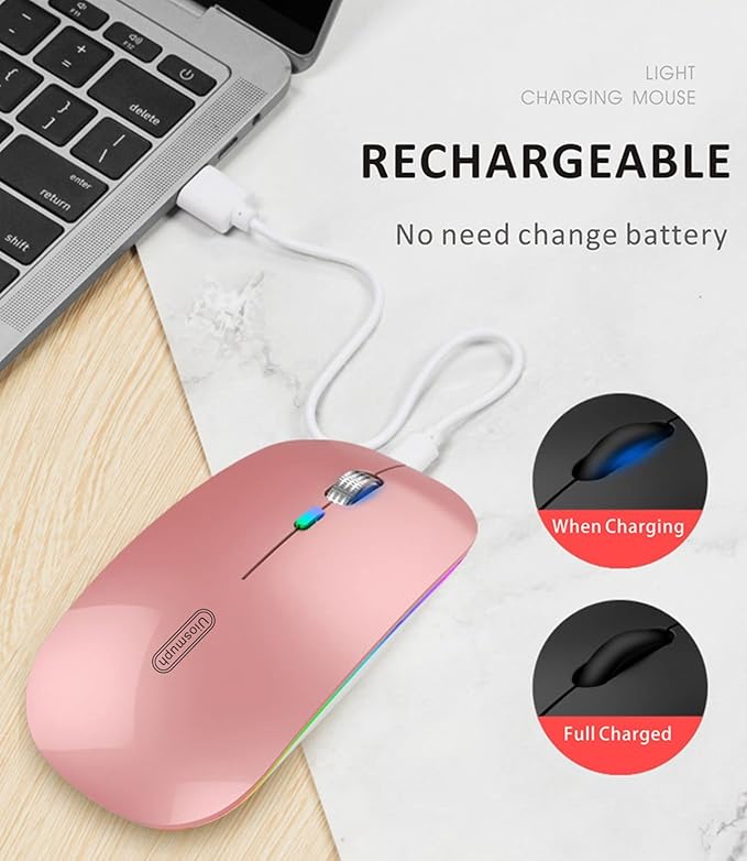 Uiosmuph LED Wireless Mouse, G12 Slim Rechargeable Silent Mouse, 2.4G Portable USB Optical Wireless Computer Mice with USB Receiver and Type C Adapter (Rose Gold)