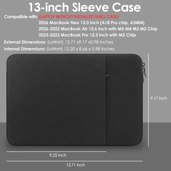 ProElife 13-Inch Laptop Sleeve Case for 2026-2022 MacBook Air 13.6 inch M5 M4 M3 M2 & MacBook Neo 13'' A18 Pro, Pro 13'' M2 Chip Accessory Water-resistant Bag Traveling Carry Cover Case