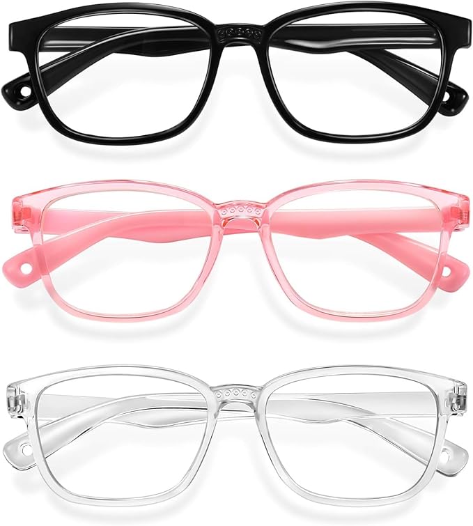 Okany Blue Light Glasses for Kids 3 Pack Anti Glare & Eye Strain Glasses Computer TV Phone Tablets UV Protection Glasses for Kids Boys Girls Age 3-12(Black + Transparent + Pink)
