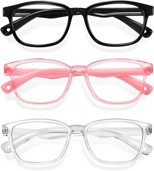 Okany Blue Light Glasses for Kids 3 Pack Anti Glare & Eye Strain Glasses Computer TV Phone Tablets UV Protection Glasses for Kids Boys Girls Age 3-12(Black + Transparent + Pink)