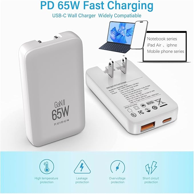 65W GaN USB C Charger Block,2-Ports Flat USB Wall Charger,flodable Plug for Travel, with PD3.0&PPS for iPhone 17/16/15 Series, Galaxy S25/S24, Pixel 10/9, MacBook Pro/Air, iPad Pro(2026 New)