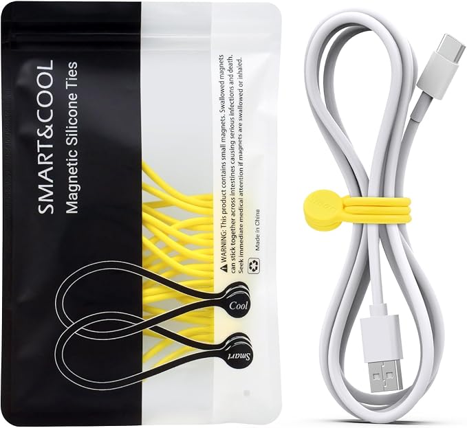SMART&COOL Reusable Silicone Magnetic Cable Ties for Bundling and Organizing, Holding Stuff, Book Markers, Fridge Magnets, Assorted Color, 7.16'' (10-Pack, Yellow) by SMARTCOOL
