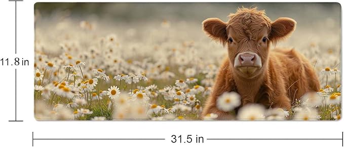 Gaming Mouse Pad Large,Cute Highland Cow on Daisy Mouse Pad Gaming Mouse Mat Desk Pad,31.5 x 11.8 Desk Mat Mouse Pads for Desk,Extended Keyboard Mousepad with Non-Slip Base and Stitched Edge