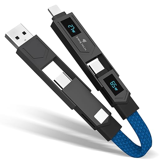 Magnetic 4 in 1 Multi Charging Cable with LED Display, Portable Keychain Charger, Lightning/Type C/USB A/USB C Ports for iPhone iPad Mac AirPods Samsung Google, (65W) Blue MFI Certified