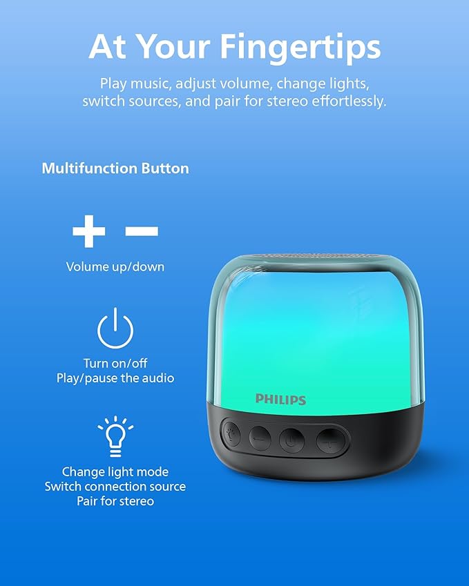 Philips S1108 Portable Bluetooth Speaker, 3W RMS, 9H Playtime, TWS Stereo Pairing, LED Light Effects, USB-C Charging – Compact Wireless Speaker for Home, Outdoor, Travel