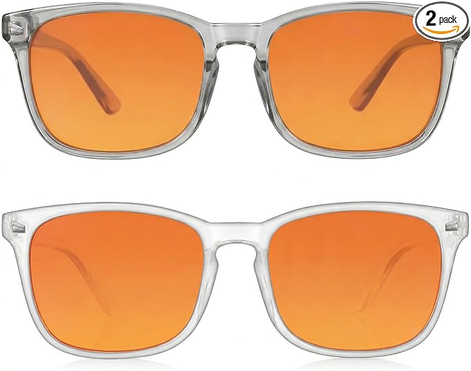 2 Packs Professional Sleep Glasses with 98.7% Blue Light Blocking Dual AR Coatings Amber Lens, Computer Gaming Glasses for Men Women, Anti Fatigue & Eye Strain