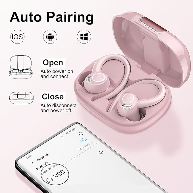 Wireless Earbuds Bluetooth 5.3 Headphones Sports, 48H Over Ear Buds with ENC Mic, Stereo Deep Bass Bluetooth Earbuds with Secure Earhooks, LED Display, IPX7 Waterproof Earphone for Running/Gym Rose