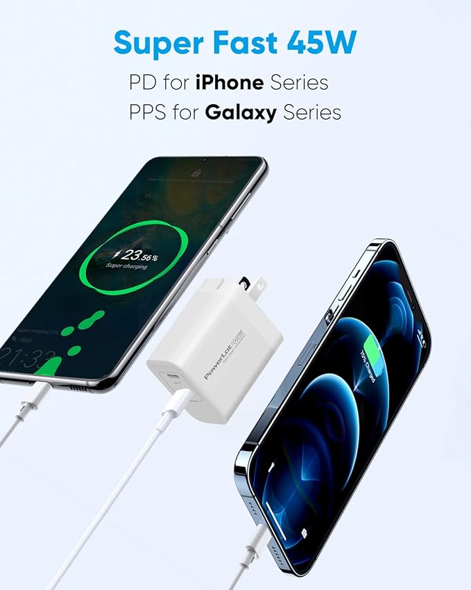 PowerLot 45W 2-Port USB C Wall Charger, GaN PPS Super Fast Charger for Galaxy S23/S22/S21, Tab S8, Z Fold 4/5, Z Flip 5/4, MacBook Air/iPad Pro/Air/iPhone 8-15