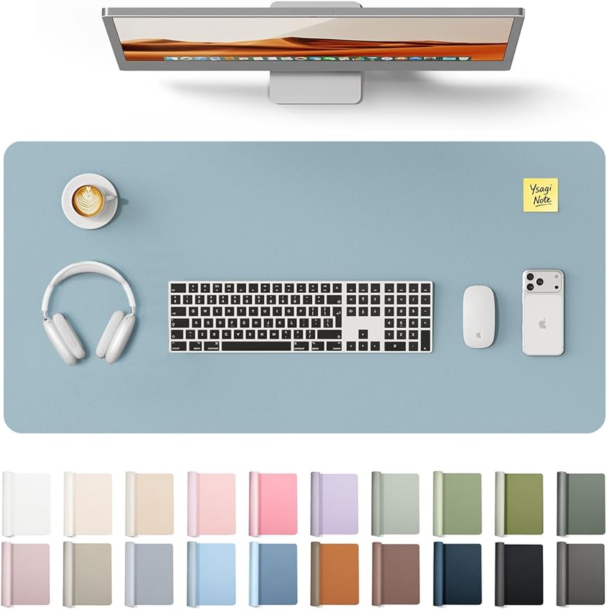 YSAGi Leather Desk Protector, Office Mat, Large Mouse Mat, Non-Slip PU Leather Blotter, Laptop Pad, Waterproof Writing Pad for Office and Home (Ice Blue, 35.4" x 17")