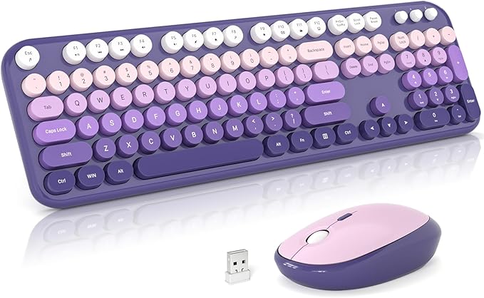 Wireless Keyboard and Mouse, 2.4G USB Retro Full Size Typewriter Keyboard and Cute Mouse Combo for Windows 7/8/10, Laptop, Desktop, PC, Computer (Purple)