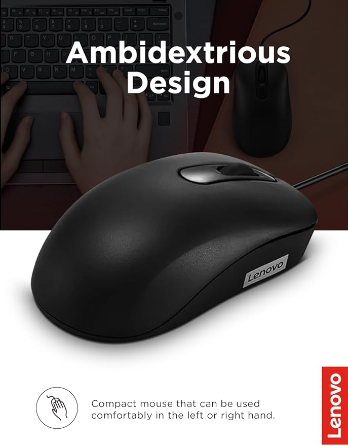 Lenovo 100 Wired USB Computer Mouse for PC, Laptop, Computer with Windows - Full-Size - Ambidextrous Design - 3 Buttons - Red Optical Sensor ?€? Black