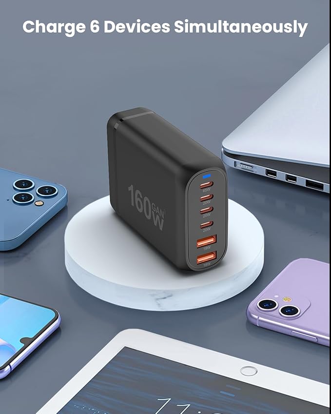 GEEKERA USB C Charger, 160W 6-Port Fast Charging Station with 4 USB-C + 2 USB-A, Portable Multiport Charging Wall Block Hub for iPhone 16 15 14 13 12 iPad Pro MacBook Samsung Galaxy Pixel Switch