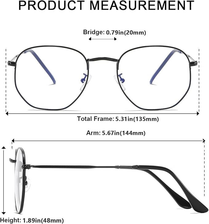 Hexagonal Metal Blue Light Blocking Glasses Anti Eye Strain for Digital Screens Lightweight Frame for Men Women