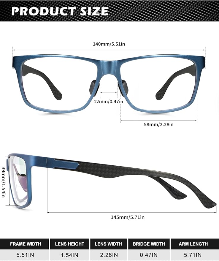 ANYLUV Carbon Fiber Reading Glasses for Men Women, Blue Light Blocking Computer Readers, Anti Glare Spring Hinge