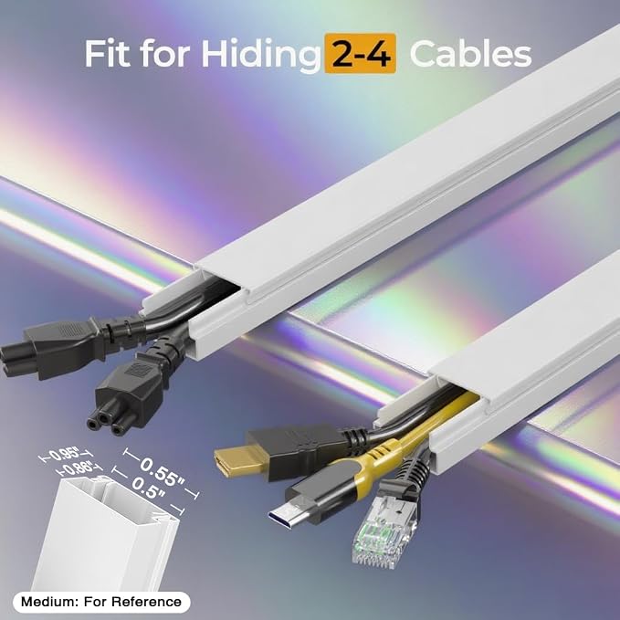 212.6in Cord Hider Kit, Cord Covers for 2-4 Wires on Wall, Self-Adhesive Cable Hider Wire Covers for Cords on Wall, Paintable Cord Hider for Walls Mount Tv, Cable Cover Raceway, W0.95 H0.55in, White - Image 2