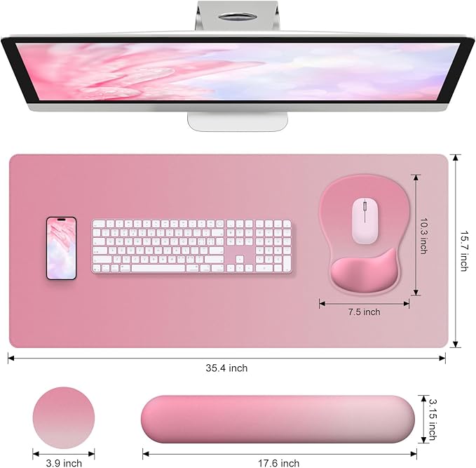 4-in-1 Large Gaming Mouse Pad, Keyboard Wrist Rest Pad & Wrist Support Mousepad Set, Extended Desk Pad Waterproof Desk Mat for Home Office Decor Study Game 35.4×15.7 Inches I Gradient Pink Blush
