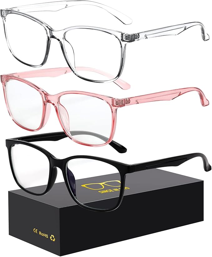 Oilway Blue-Light Blocking Glasses Computer Reading/Gaming/TV/Phones Glasses Fashion Anti Eyestrain Glasses for Women Men（D3 Black + Transparent + Pink）