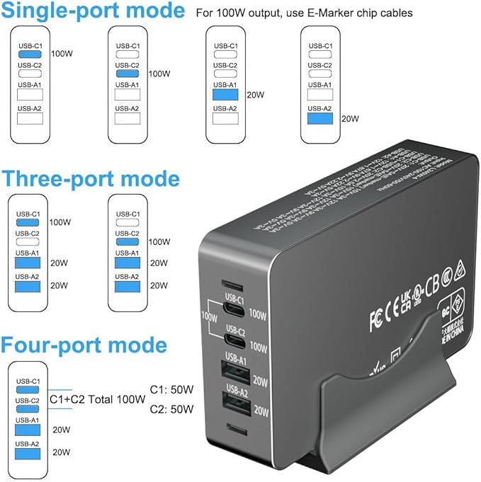 240W USB C Charger Block, 4 Port USB Fast Charging Station 100W Laptop Power Adapter for MacBook, Laptop, Tablet, iPad, iPhone, Cell Phone Multiple Devices Charging Station, Type C Charger