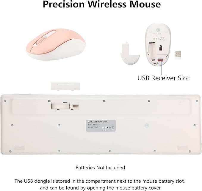 Wireless Keyboard and Mouse Combo, 2.4G Silent Cordless Keyboard Mouse Combo for Windows Chrome Laptop Computer PC Desktop, 106 Keys Full Size with Number Pad, 1600 DPI Optical Mouse (Pink)