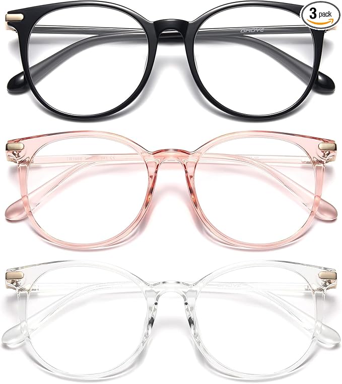 Gaoye 3 Pack Blue Light Blocking Glasses, Retro Round Eyewear Frame Anti Eyestrain Computer Glasses for Women Men - GY1688 (Black+Pink+Transparent)