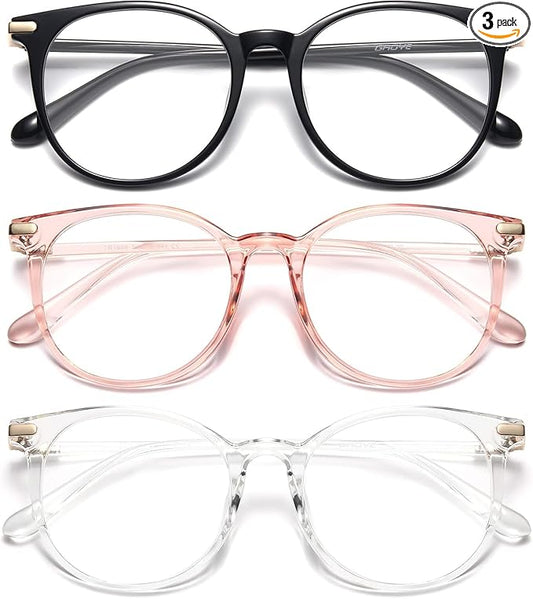 Gaoye 3 Pack Blue Light Blocking Glasses, Retro Round Eyewear Frame Anti Eyestrain Computer Glasses for Women Men - GY1688 (Black+Pink+Transparent)