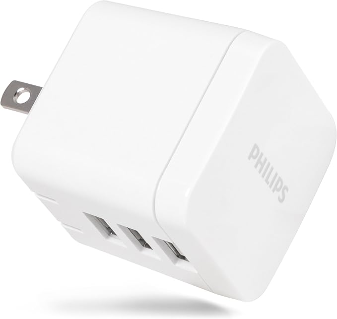 Philips iPhone USB Wall Charger Block, 17W 3-Port USB A Charging Block for iPhone 14, 13, 12 Series, iPad Power Adapter Cube, Foldable Plug Charging Box, DLP2408/37