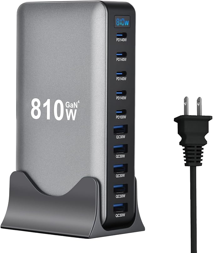 810W USB C Fast Charger Block, 10 Ports GaN IV Pro USB Chagring Station, 140W PD QC HUB for Multiple Devices, Laptop Adapter Compatible with MacBook Pro/Air iPad iPhone Pro Max, Galaxy, Dell, HP