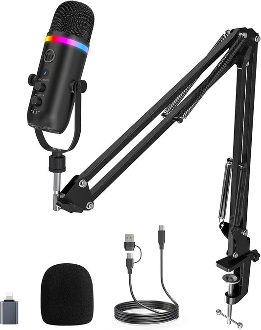 ZealSound Podcast Microphone for PC/Mac/iPhone – USB Studio Mic with Noise Cancellation, RGB Lighting, Mute, Gain, Monitoring & Echo, Boom Arm & Pop Filter, Streaming, Recording, TikTok, YouTube