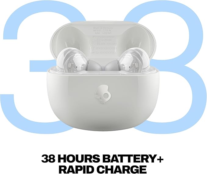Skullcandy Rail ANC Wireless Earbuds, Bluetooth Headphones, Active Noise Cancelling, Up to 38 Hours Battery, Microphone for iPhone Android, Customizable via Skull-iQ App - Bone