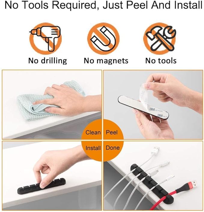 Cord Holder Cable Organizer Clips – Self Adhesive Cord Organizer for Desk, Car, Nightstands, Office, Black Silicone Cord Keeper Cable Clips Wire Holders for Phone Charger Cords (7-5-3-1-1 Slots)