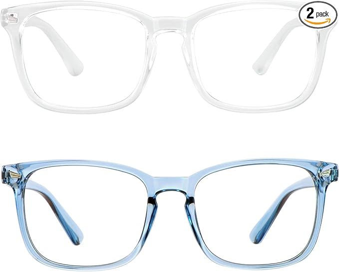 LifeArt 2 Pairs Blue Light Blocking Glasses with Spring Hinge, Computer Glasses, Gaming Glasses, TV Glasses for Women Men (Clear&Blue, No Magnification)