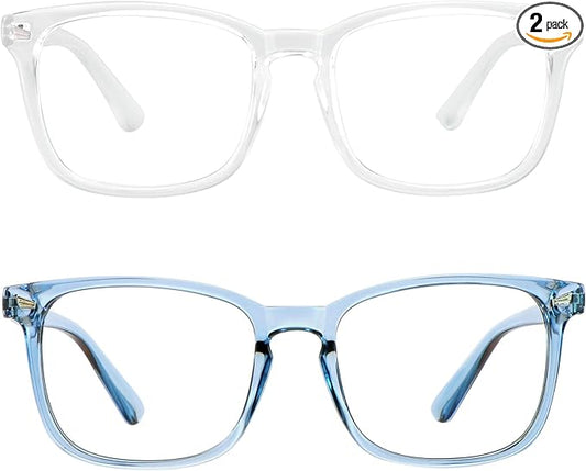 LifeArt 2 Pairs Blue Light Blocking Glasses with Spring Hinge, Computer Glasses, Gaming Glasses, TV Glasses for Women Men (Clear&Blue, No Magnification)