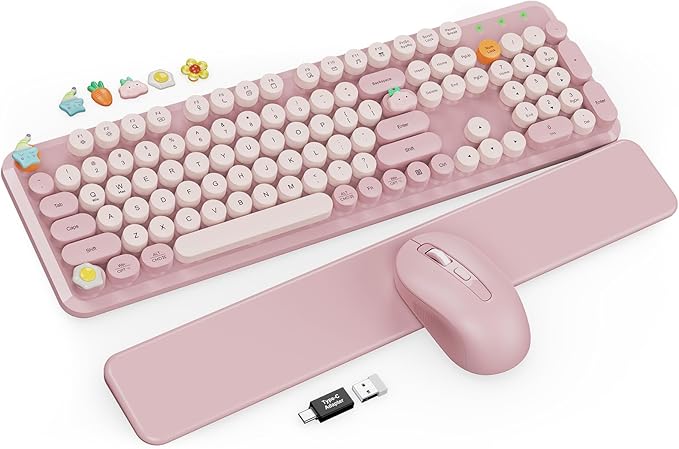 Wireless Keyboard and Mouse Combo, Typewriter Keyboard with Detachable Wrist Rest, Full-Size Retro Round Keycaps, Smart-Sleep, 2.4GHz Stable Connection for Mac/Windows/PC, Trueque(Dusty Rose)