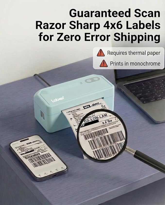 Labeer Bluetooth Thermal Label Printer, 4x6 Wireless Label Printer for Shipping Packages, Small Business Office or Home, Compatible with Windows, Mac, Android, iOS, Shopify, Ebay, Etsy, UPS