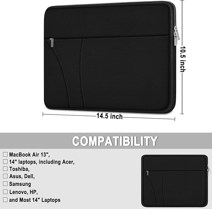 Laptop Case 14 inch, Slim Traveling Laptop Sleeve Cover with Zippered Pocket, Shockproof Protective Carrying Briefcase Computer Bag for 14" MacBook Air/Pro, HP, Dell, Lenovo, Acer, Black