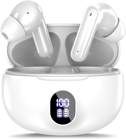 Wireless Earbuds, Bluetooth 5.4 Headphones Bass Stereo, Ear Buds with Battery LED Display in Ear Earphones Clear Calls, Bluetooth Earbuds for Laptop/Phones/Sports (White)